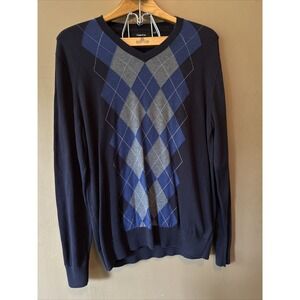 Claiborne Men's Argyle V Neck Blue Sweater 100%Cotton Size Medium